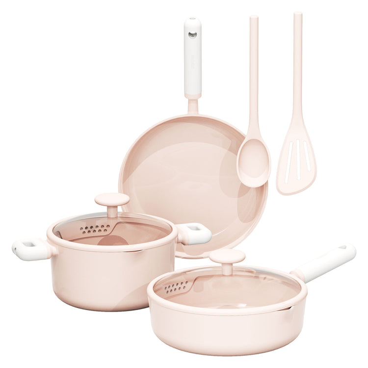 CAROTE Pots and Pans Set Nonstick, Ceramic Cookware Set, Pink Cooking Set Kitchen Induction Set with Steamer, PFAS PTFE Free,9 Piece