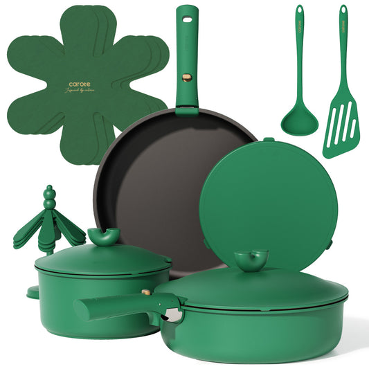 CAROTE 17pcs Pots and Pans Set Non Stick, Gift Set Nonstick Cookware Die-cast Aluminum Detachable Handle, Dishwasher/Oven Safe, Induction Cooking Pot and Pan Sets, Green, RV Kitchen Cookwares