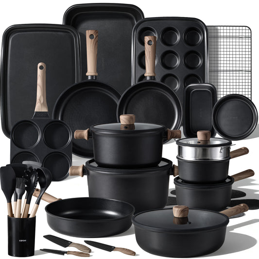 CAROTE 44pcs Nonstick Kitchen Cookware Sets, Nonstick Pots and Pans, Induction Cookware Set Kitchen Cooking Sets, Non Stick w/Frying Pan,Black