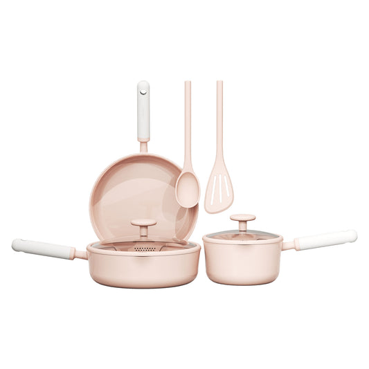 CAROTE Pots and Pans Set Nonstick, Ceramic Cookware Set, Pink Cooking Set Kitchen Induction Set with Steamer, PFAS PTFE Free,9 Piece