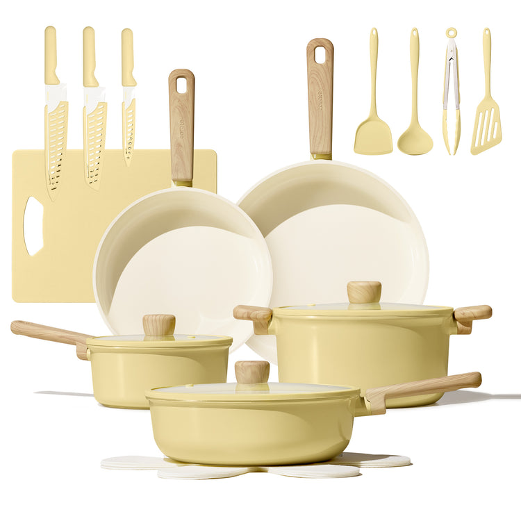 CAROTE 24pcs Ceramic Cookware Set, Pots and Pans Non Stick Kitchen Cookware Sets, Pots and Pans Set Cooking Set with Knife Set