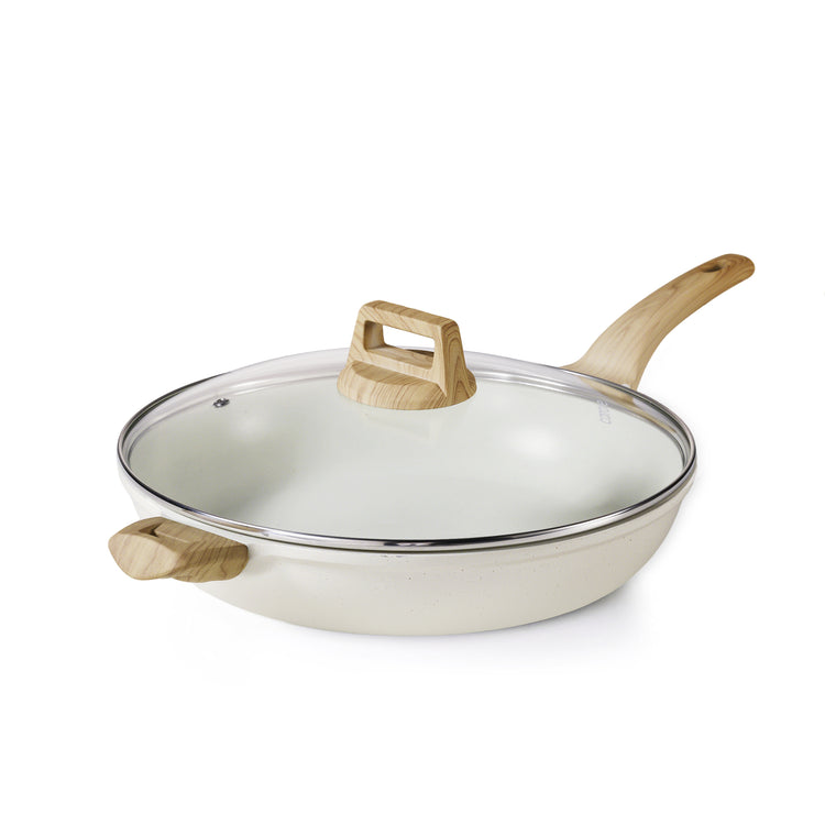 CAROTE 12.5 Inch Non Stick Frying Pan with Lid,White Granite Nonstick Skillet Omelet Pans, Egg Pan Granite Cookware, PFOS & PFOA Free