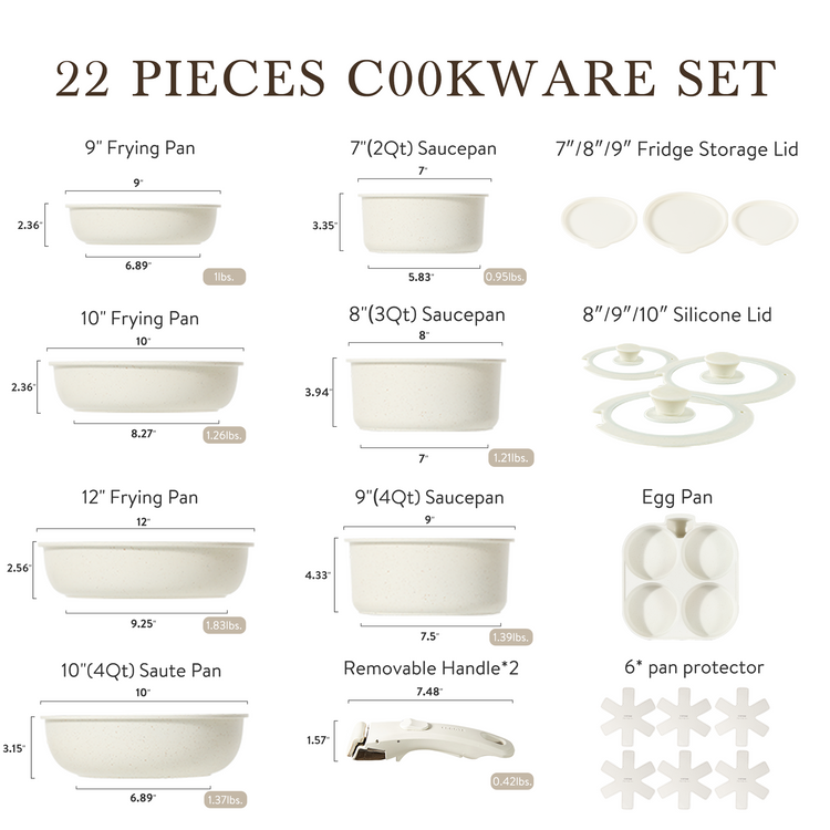 Carote 22pcs Nonstick Cookware Set With Detachable Handle, Induction Kitchen Sets Non Stick, Removable Handle, RV Oven Safe, Cream White