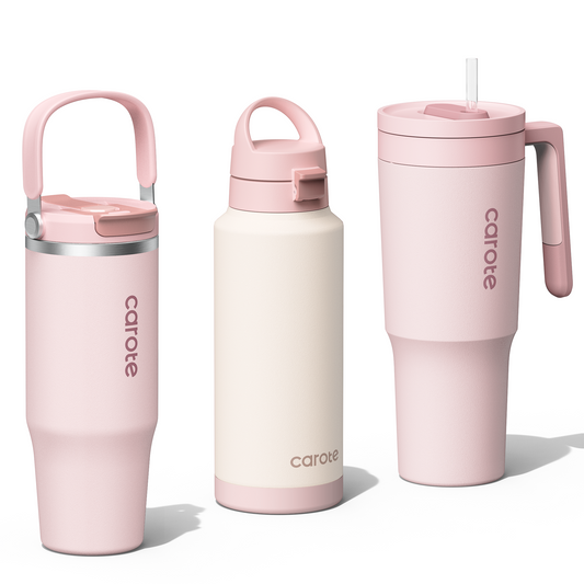 CAROTE 3PCS Insulated Stainless Steel Tumbler Set with Handles, 40oz,32oz*2, Leak-Proof Travel Mugs, Double Wall Vacuum, Pink