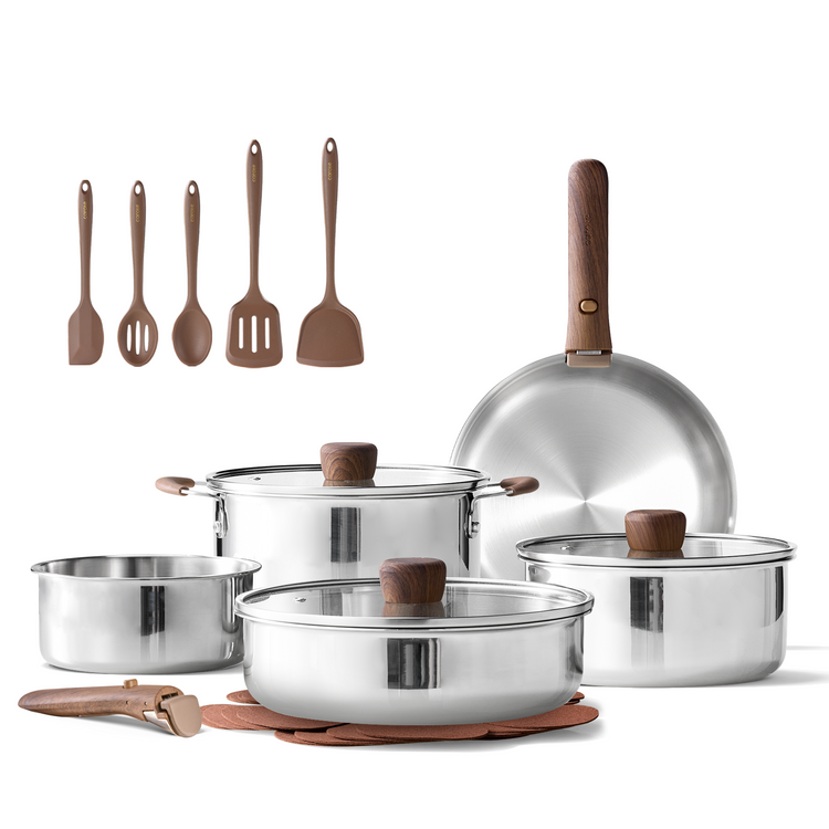 CAROTE 19pcs Stainless Steel Cookware Set with Detachable Handle, Pots and Pans Set, Induction Kitchen Cooking Sets, RV/Camping Cookware, Removable Handle, Oven Safe, with Utensil, Wooden Style