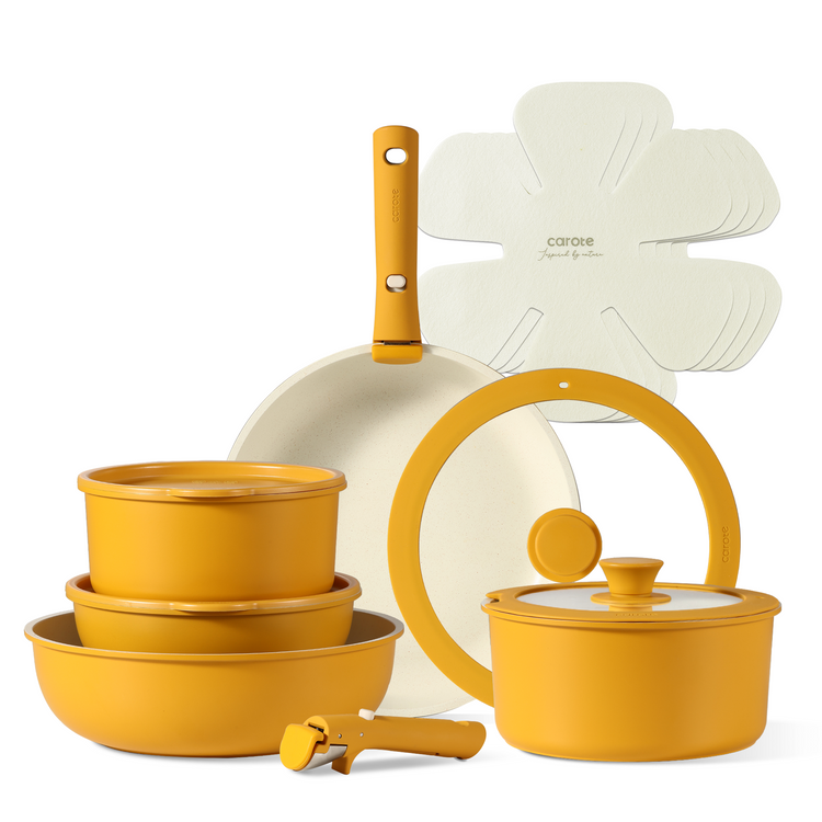 CAROTE 15pcs cookware set detachable handle, pots and pans set non stick, yellow