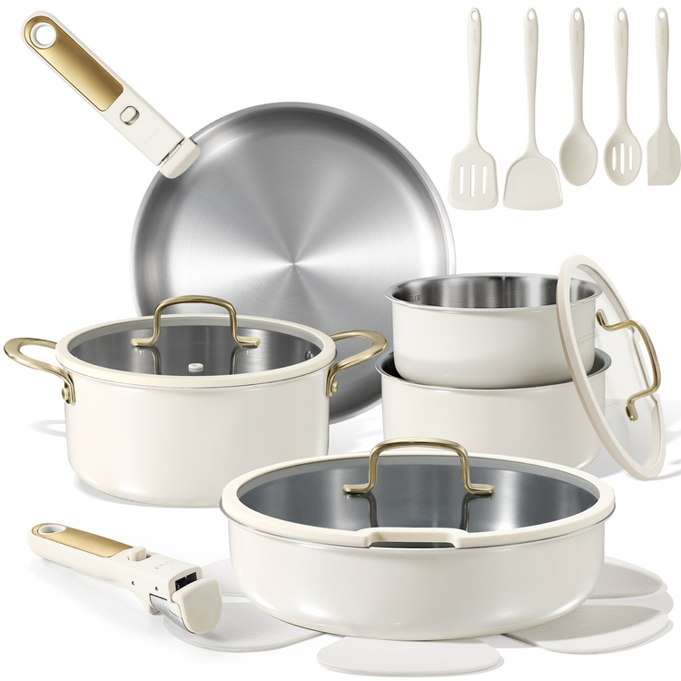 CAROTE 19pcs Stainless Steel Cookware Set with Detachable Handle, Pots and Pans Set, Induction Kitchen Cooking Sets, RV/Camping Cookware, Outer Ceramic Layer, Oven Safe, with Utensil, Cream White