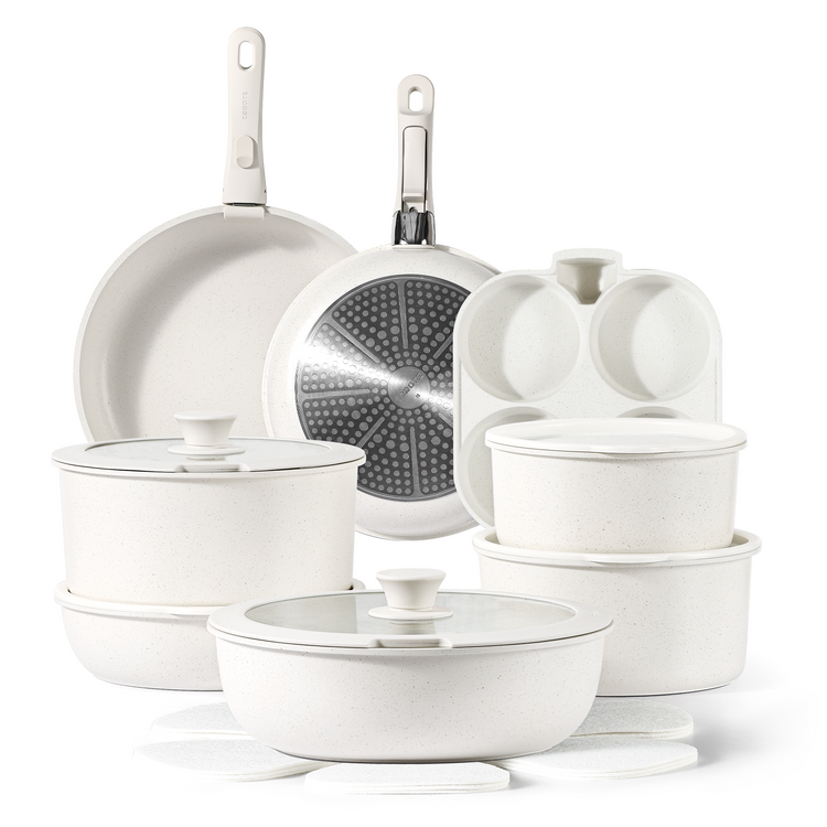 Carote 22pcs Nonstick Cookware Set With Detachable Handle, Induction Kitchen Sets Non Stick, Removable Handle, RV Oven Safe, Cream White