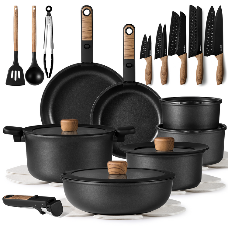 CAROTE 34pcs Pots and Pans Set, Nonstick Cookware Set Detachable Handle, Induction Kitchen Cookware Sets Non Stick with Removable Handle, RV Cookware Set, Oven Safe, Jet Black