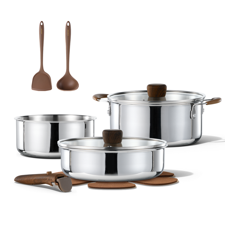CAROTE 10pcs Stainless Steel Cookware Set with Detachable Handle, Pots and Pans Set, Induction Kitchen Cooking Sets, RV/Camping Cookware, Removable Handle, Oven Safe, with Utensil, Wooden Style