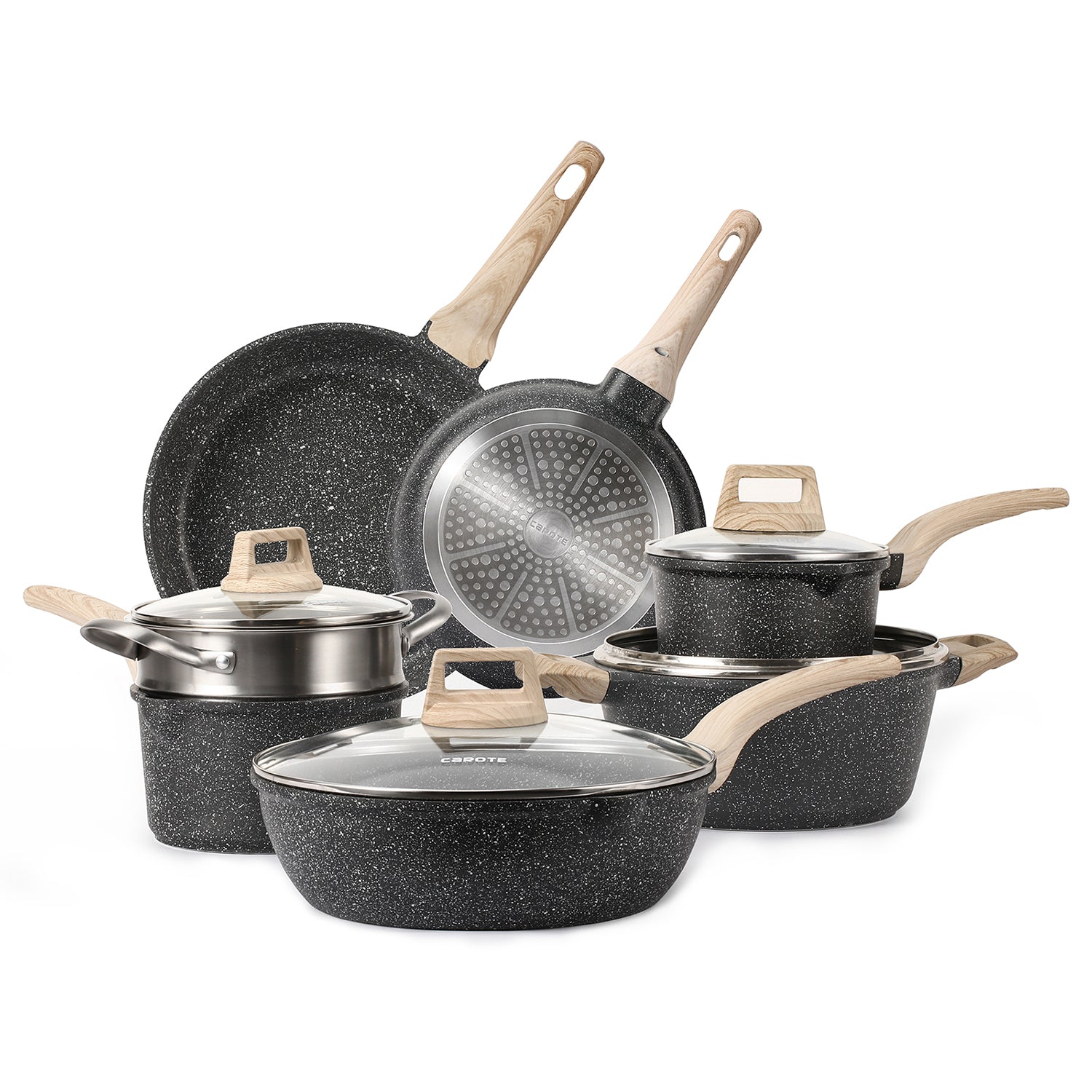 CAROTE 5-Pc. Nonstick Cookware Set ~ Detachable Handle ~ Granite Pot & Pan  Set
