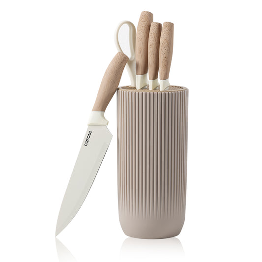 CAROTE 6Pcs Knife Set with Block, High Carbon Stainless Steel Sharp Blade Block Knife Set, Cutlery with Ceramic Surface, Khaki
