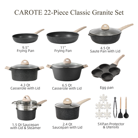 CAROTE 22 件式鍋碗瓢盆套裝不沾鍋炊具套裝黑色花崗岩電磁爐烹飪套裝帶煎鍋和平底鍋（不含 PFOS、PFOA） 