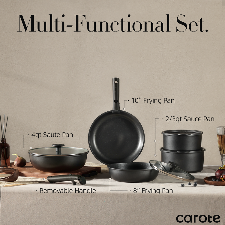 CAROTE 11 件鍋碗瓢盆套裝，不沾鍋炊具套裝，可拆卸手柄，電磁廚房炊具套裝，不沾鍋，帶可拆卸手柄，RV 炊具套裝，烤箱安全炊具套裝，純黑色