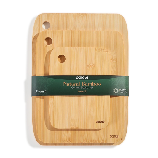 Carote 3 Pc Bamboo Cutting Board Set with Handles, Eco-Friendly, 13-11-8 inch(Solid Bamboo)