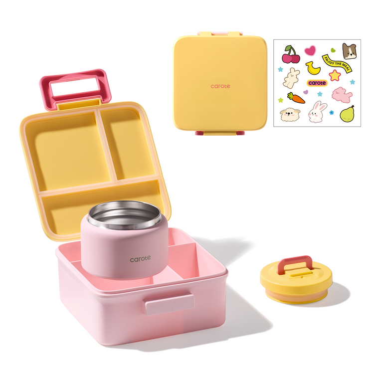 CAROTE Bento Lunch Box with Insulated Food Jar, Food Storage Containers Set for Kitchen Storage, 4Pcs, Pink and Orange