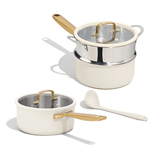 Carote 4-Pcs Tri-Ply Stainless Steel Saucepan Set with Lids, 1.6QT & 3QT Induction Cooking Pots, Fast Heating, Easy Cleaning(White)