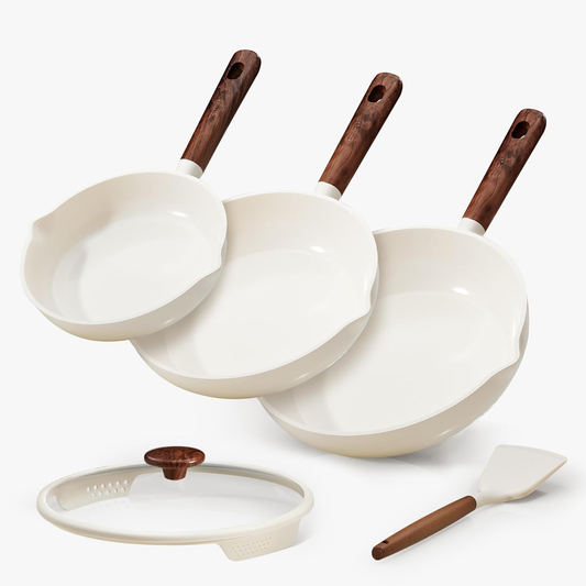 Carote 5-Piece Nonstick Frying Pan Set, 8"/9.5"/11" Skillets with Strainer Lid & Wooden Spatula, Induction Compatible Cookware