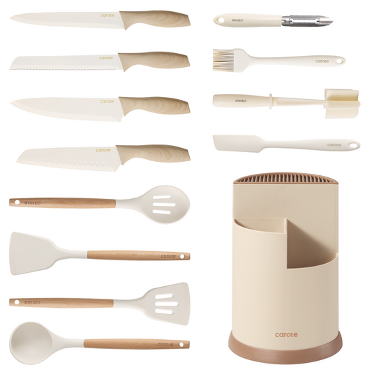 CAROTE 13Pcs Kitchen Knife Set with 360° Rotating Knife Block, Heat Resistant Kitchen Utensils Set with Wooden Handle, Kitchen Knife Sets with Nonstick Ceramic Surface, Cream White