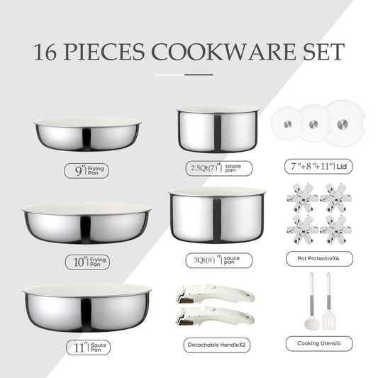 CAROTE 16pcs Stainless Steel Cookware Set, Non Stick Pots and Pans Set with Removable/Detachable Handle, Oven/Dishwasher Safe, RV Cookware, Frying Pan Set