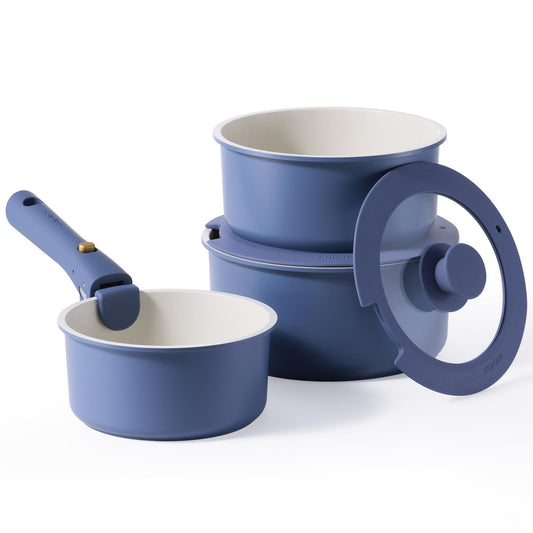 CAROTE Nonstick Sauce Pan Set with Lid 1.5QT, 2QT & 3QT, Non Stick Cooking Pot with Detachable Handle, Non toxic Saucepot, Small Kitchen Pots Induction Pot, PFOA FREE, Easy to Clean, Blue