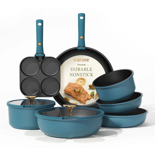 "  Carote 21 Pcs Nonstick Cookware Sets, Pots and Pans Set with Detachable Handles, Oven/Dishwasher Safe, Stackable Kitchen Cooking Set, Induction Cookware, Peacock Blue"