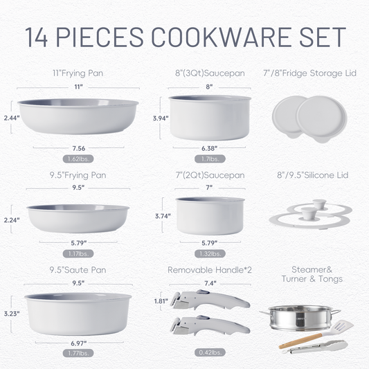 CAROTE 11-Piece Nonstick Cookware Set with Detachable Handles - White