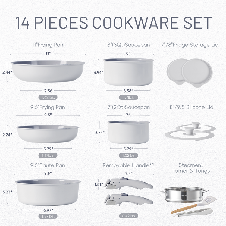 CAROTE 14pcs Pots and Pans Set, Ceramic Cookware Set Detachable Handle, Induction Nonstick Kitchen Cookware Sets with Removable Handle, Non Stick RV Cookware Set, Oven Safe Cookware Set, Grey