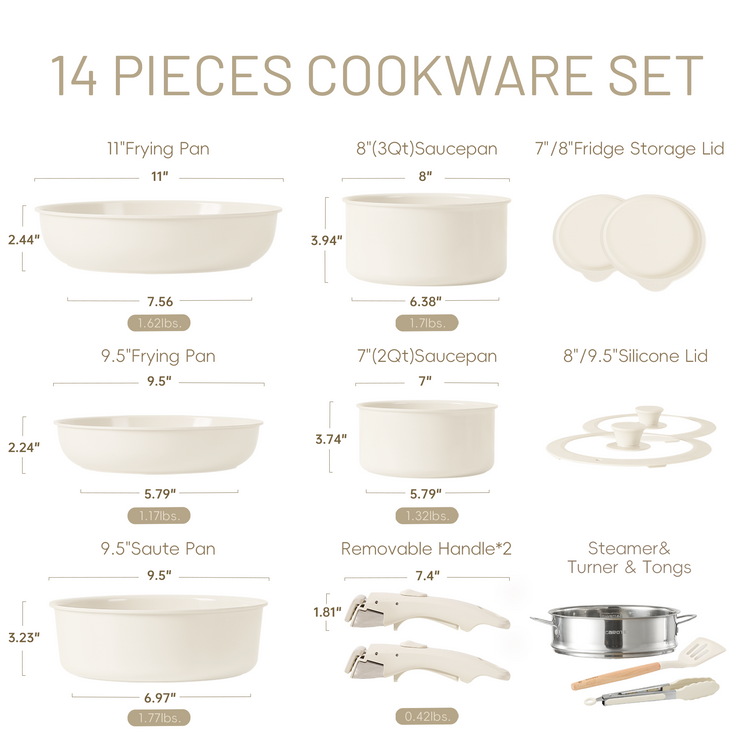 CAROTE 14pcs Pots and Pans Set, Ceramic Cookware Set Detachable Handle, Induction Nonstick Kitchen Cookware Sets with Removable Handle, Non Stick RV Cookware Set, Oven Safe Cookware Set, Cream White