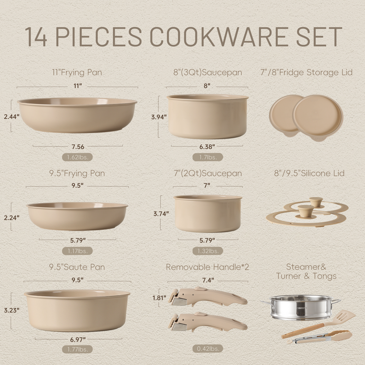 CAROTE 14pcs Pots and Pans Set, Ceramic Cookware Set Detachable Handle, Induction Nonstick Kitchen Cookware Sets with Removable Handle, Non Stick RV Cookware Set, Oven Safe Cookware Set, Taupe