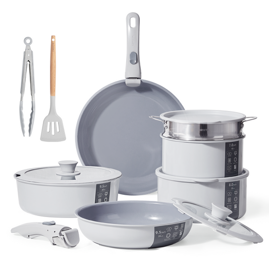 CAROTE 11pcs Pots and Pans Set, Nonstick Cookware Sets Detachable Handle,  Induction RV Kitchen Set Removable Handle, Oven Safe, Cream White