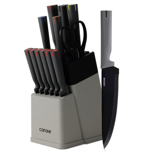 CAROTE 14Pcs Kitchen Knife Set, Stainless Steel knife set with ABS Block, Rustproof Cutlery with Ceramic Surface, 6 Steak Knives
