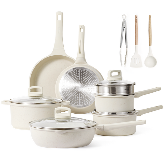 Carote Nonstick Pots and Pans Set, 14 Pcs Induction Kitchen Cookware Sets (Beige Granite)