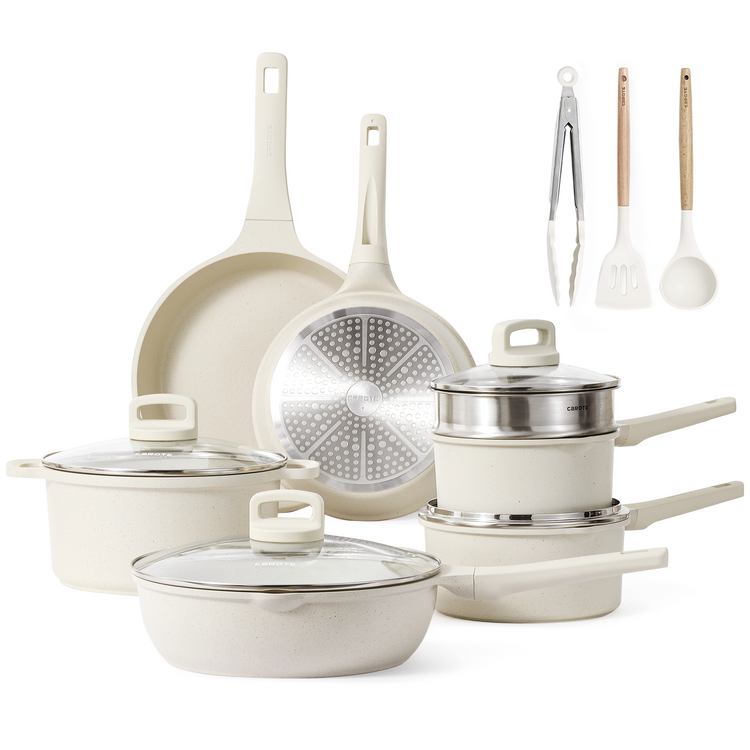 CAROTE Pots and Pans Set Nonstick, White Granite Induction Kitchen