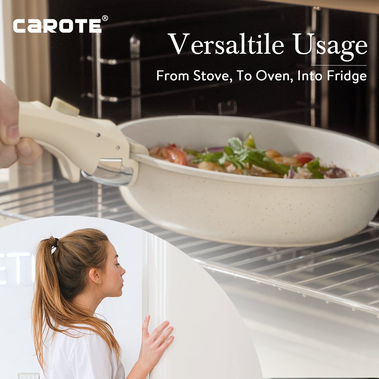 CAROTE 5-Piece Nonstick Cookware Set with Detachable Handles - White