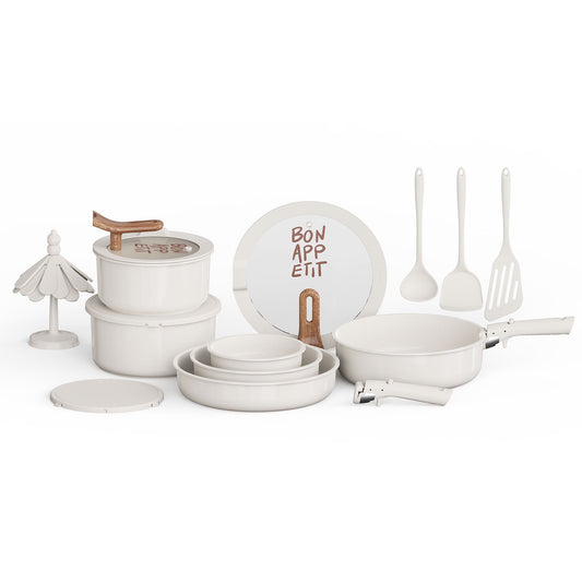 "  Carote 18 Pcs Nonstick Cookware Set, Pots and Pans Set with Detachable Handles, Oven/Dishwasher Safe, Stackable Kitchen Cooking Set, White"