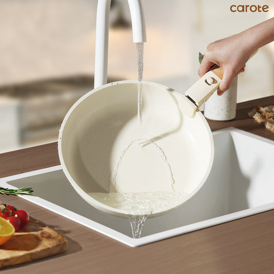 Carote 25 Pcs Nonstick Cookware Sets, Granite Non Stick Pots and Pans with Removable Handle with Knife Set, Cream White