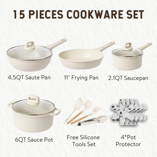 Carote Nonstick Pots and Pans Set, 15 Pcs Induction Kitchen Cookware Sets (Beige Granite)