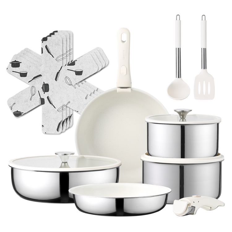 CAROTE 16pcs Stainless Steel Cookware Set, Non Stick Pots and Pans Set with Removable/Detachable Handle, Oven/Dishwasher Safe, RV Cookware, Frying Pan Set