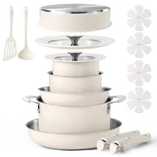 CAROTE 16Pcs Stainless Steel Cookware Set With Detachable/Removeble Handle Set, Space Saving Pots and Pans Set, RV Camping Set, Outer Ceramic Layer Nonstick, Dishwasher/Oven Safe, Kitchen Cooking Set