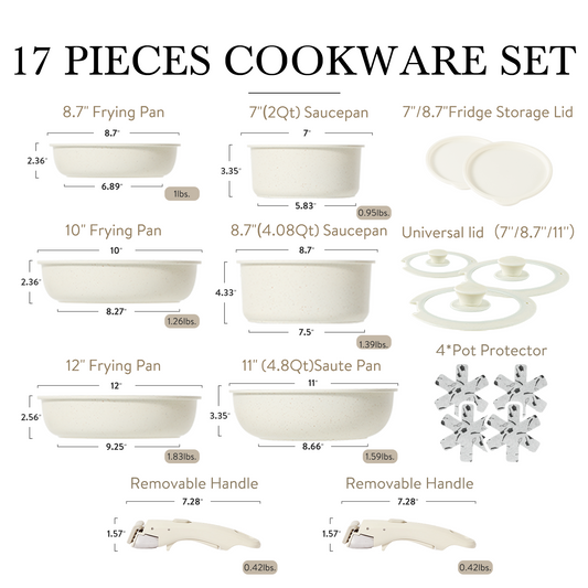 Carote 17-piece White Granite Nonstick Cookware Set Detachable Handle