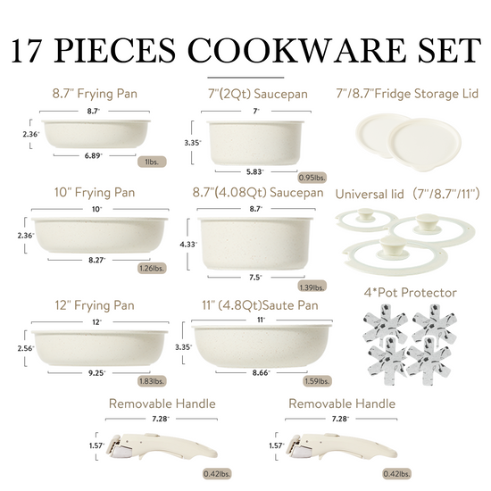 CAROTE 17pcs Pots and Pans Set, Ceramic Cookware Set Detachable Handle,  Induction Nonstick Kitchen Cookware Sets with Removable Handle, Non Stick  RV