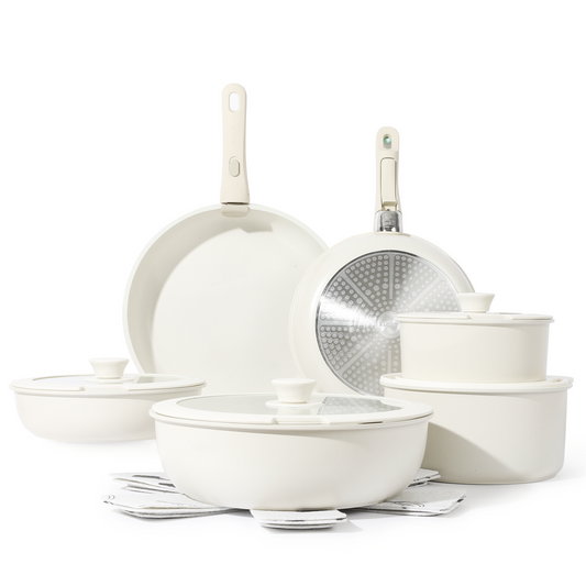 Steel Detachable Handle Pots and Pans - 3 Piece White Ceramic