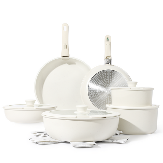 Aoibox 11-Pieces Cream White Granite Induction Non-Stick Cookware Set with Removable Handle