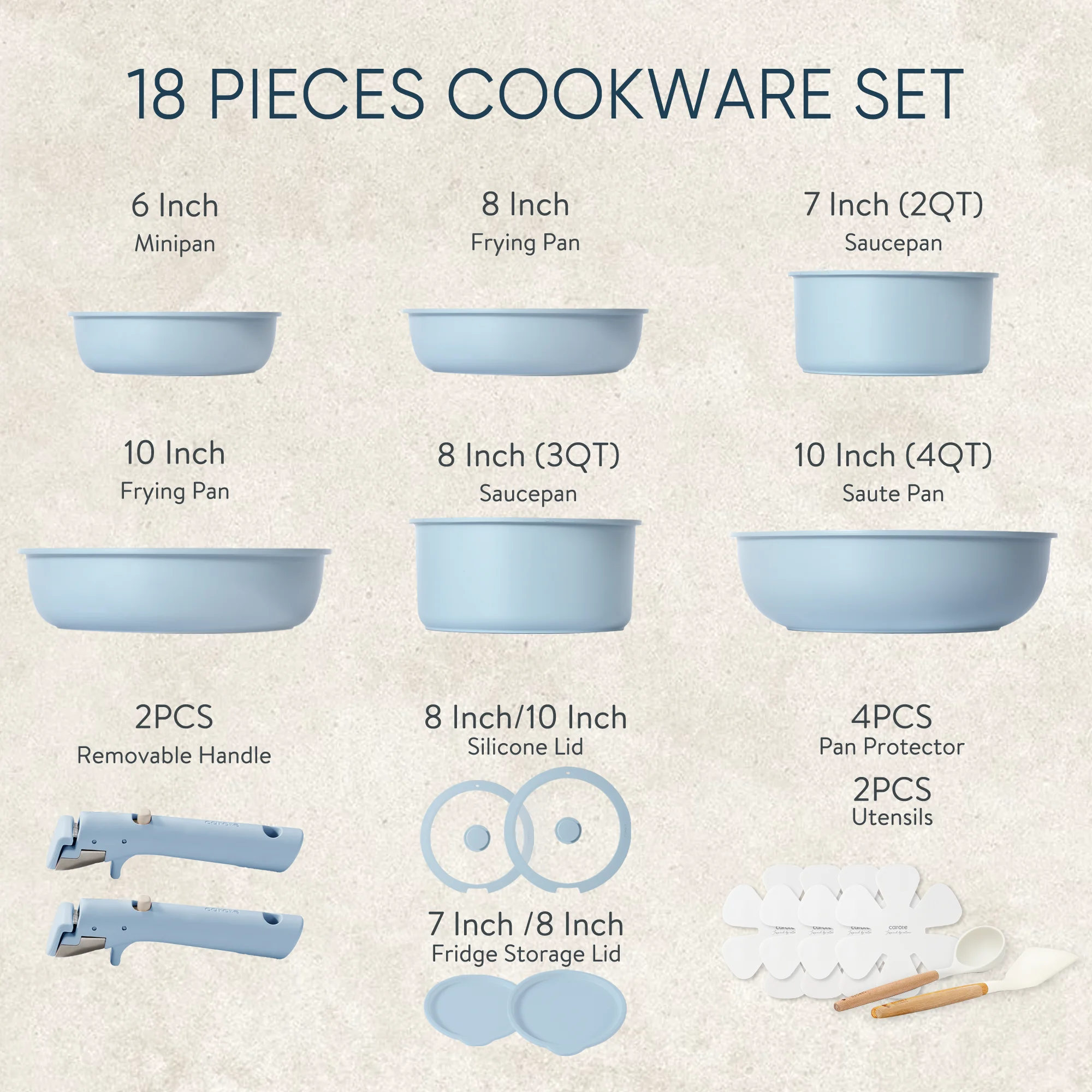 Carote 18-Piece Pots and Pans Set, Nonstick Cookware Set with Detachable Handles, Dishwasher & Oven Safe, Induction Compatible, Stackable RV Kitchen Cooking Set, Blue