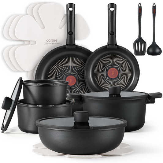 CAROTE 20pcs Pots and Pans Set Non Stick with Temperature Spot, Detachable Handle Nonstick Cookware Set Black, Dishwasher/Oven Safe,PFOA Free,RV Camping Cooking Set, Kitchen Pot and Pan Set