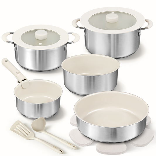 Carote 14Pcs ceramic cookware set with detachable handle, stainless steel exterior