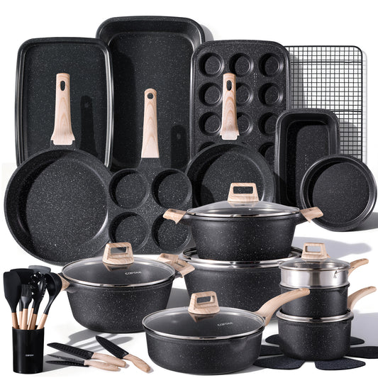 CAROTE 44pcs Pots and Pan Set Nonstick, Cookware Sets, Cooking Set Non Stick, Induction Cook Ware with Bakeware Set, Kitchen Knife Set
