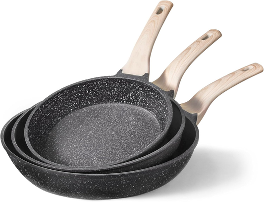 CAROTE Non Stick Frying Pans,Nonstick Granite Fry Pan Egg Pan Omelet Pans, Stone Cookware Chef's Pan, PFOA Free, Black Granite, 8"+10"+12"