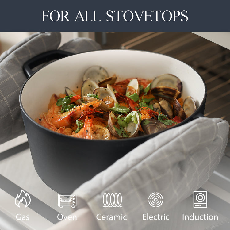 CAROTE 6Qt 搪瓷铸铁荷兰锅带盖，烤箱安全温度高达 500°F，铸铁锅宽而平坦的烹饪表面配有大手柄金属旋钮，锁住营养且易于清洁，蓝色